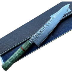 Faca Sakai Takayuki, lâmina Damasco Gyuto, cabo madeira estabilizada