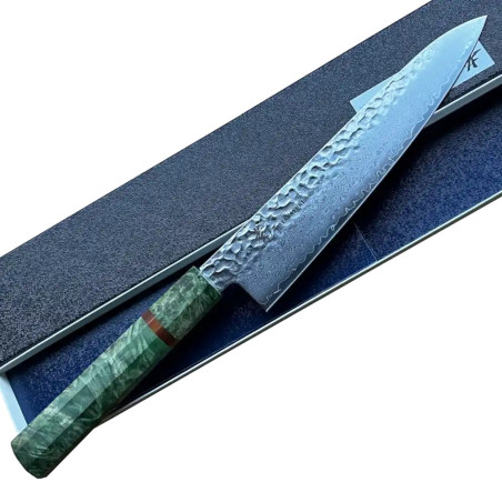 Faca Sakai Takayuki, lâmina Damasco Gyuto, cabo madeira estabilizada