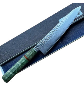 Faca Sakai Takayuki, lâmina Damasco Gyuto, cabo madeira estabilizada