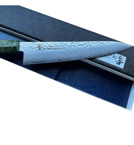 Faca Sakai Takayuki, lâmina Damasco Gyuto, cabo madeira estabilizada