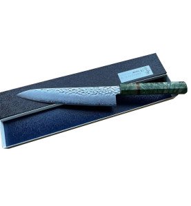 Faca Sakai Takayuki, lâmina Damasco Gyuto, cabo madeira estabilizada