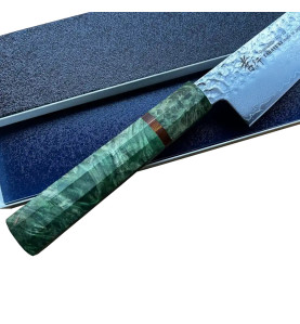Faca Sakai Takayuki, lâmina Damasco Gyuto, cabo madeira estabilizada